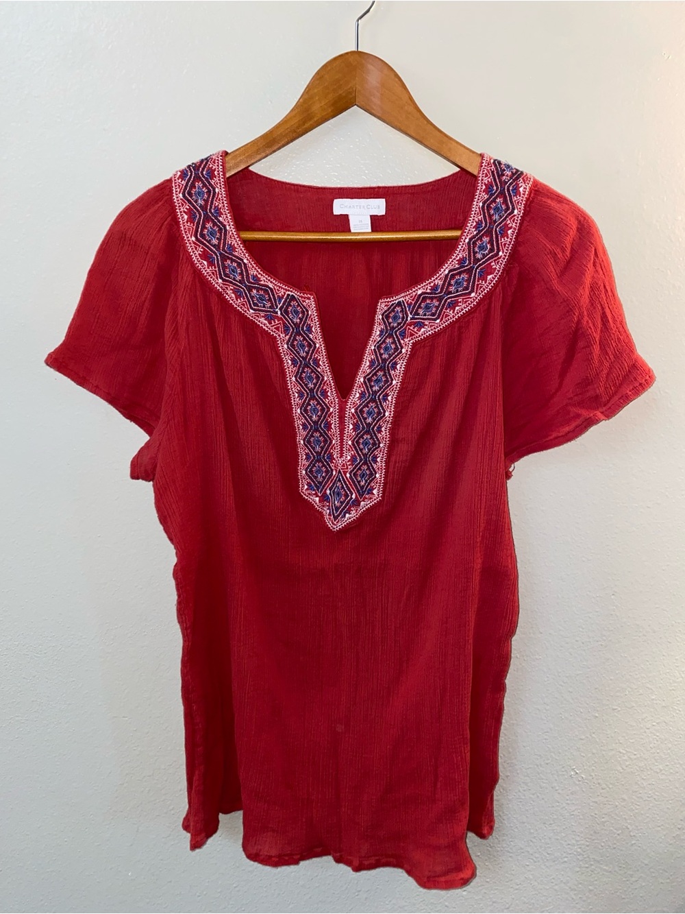 Charter Club Red Embroidered Split V-Neck Cotton Gauze Size 14